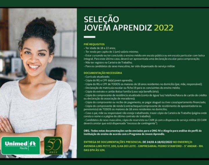 UNIMED RECIFE ABRE SELEÇÃO PARA JOVEM APRENDIZ.